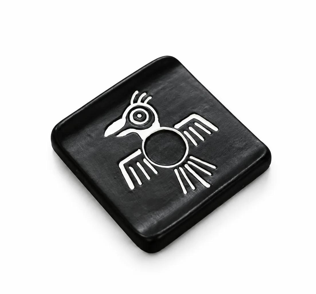 Munay Condor square black ceramic cone burner with a hand-painted Andean condor design