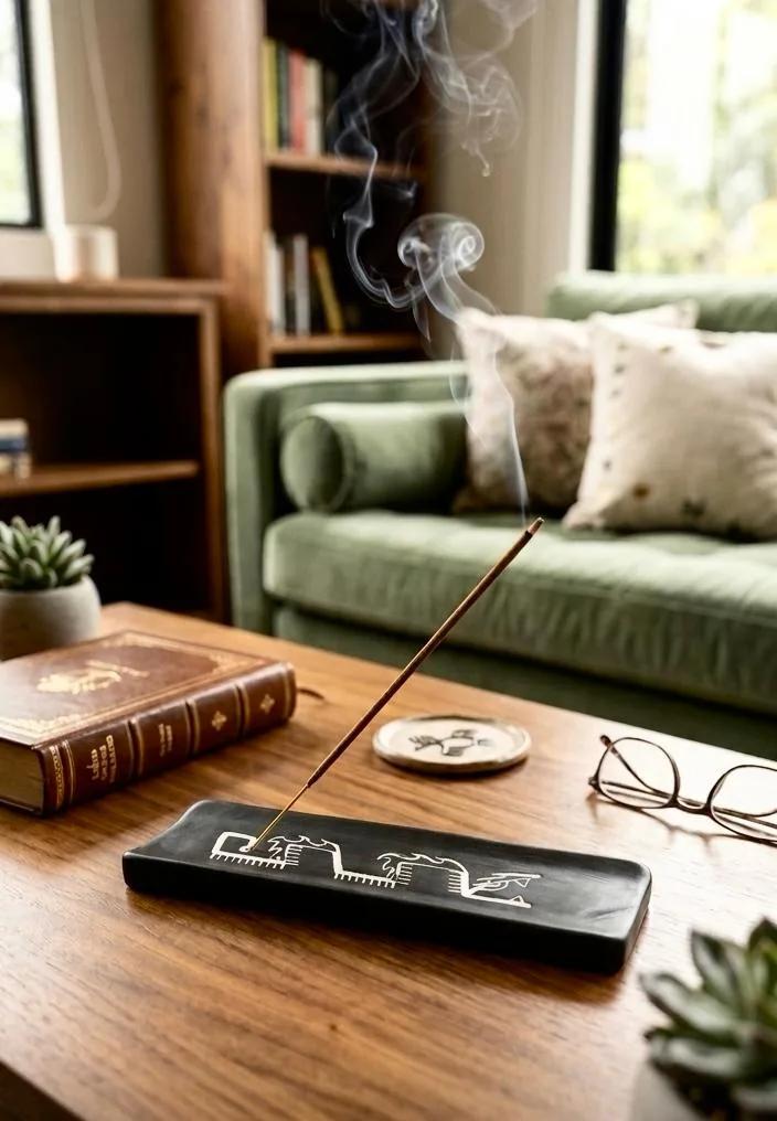 Munay Serpent incense stick holder with a burning stick on a living room coffee table