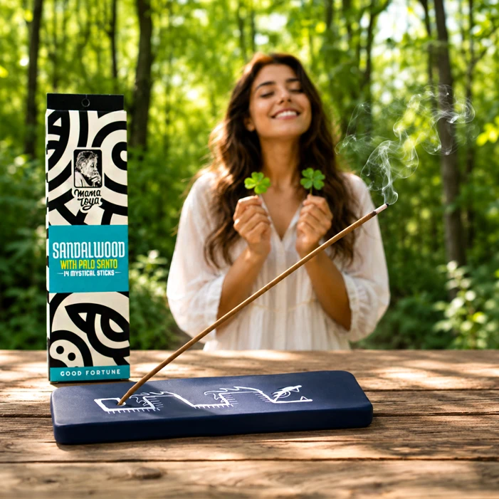 Sandalwood with Palo Santo incense stick burning in a good fortune ritual setting